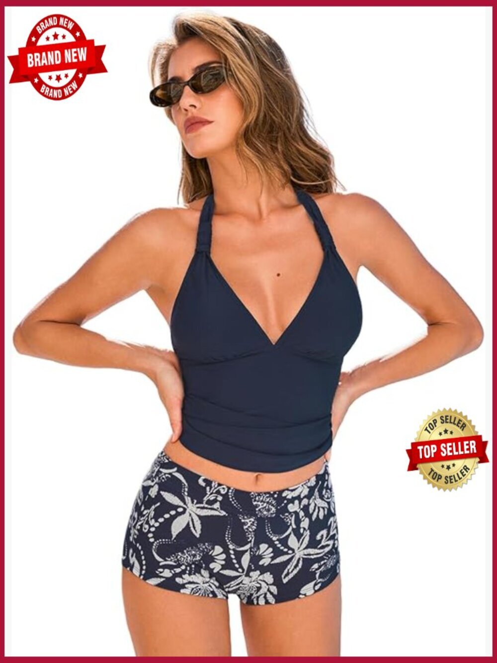 V Neck Halter Tankini Set with High Waisted Shorts
